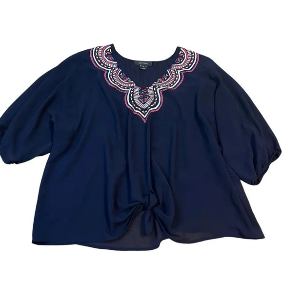 Karen Kane Tops - Karen Kane Sheer Navy Tie-Waist‎ Embroidered Blouse XL Women's Dressy Top